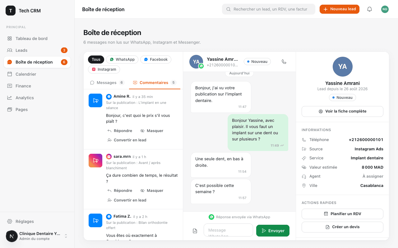 Onglet Commentaires de Tech CRM : les commentaires laissés sous des publications Facebook et Instagram, chacun avec le nom de la publication et trois actions, répondre, masquer, convertir en lead.