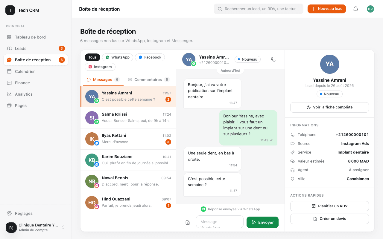 Boîte de réception de Tech CRM : la liste des conversations Messenger et Instagram à gauche, le fil de discussion au centre, la fiche du lead à droite.