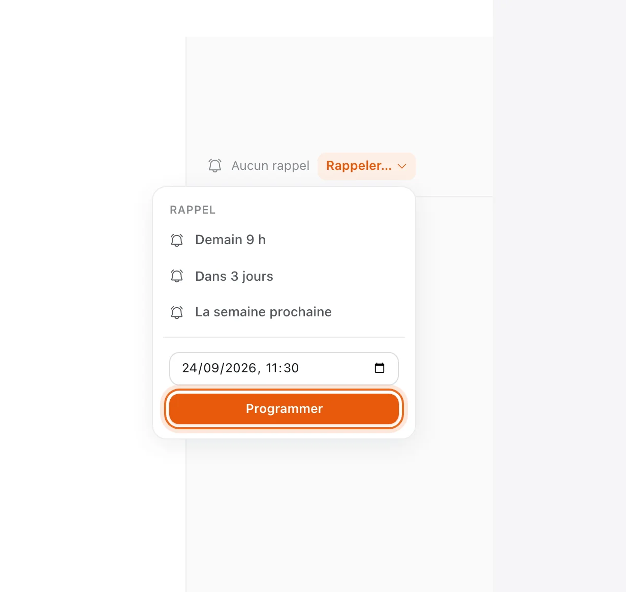 Menu « Rappeler… » de la fiche d'un lead dans Tech CRM : rappel demain 9 h, dans 3 jours, la semaine prochaine ou à la date choisie, avant d'expédier un colis COD