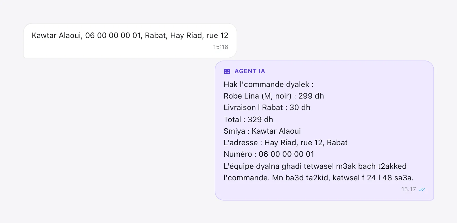 Récapitulatif de commande COD en darija envoyé sur Instagram par l'agent IA de Tech CRM : robe, taille, livraison à Rabat, total et coordonnées de la cliente