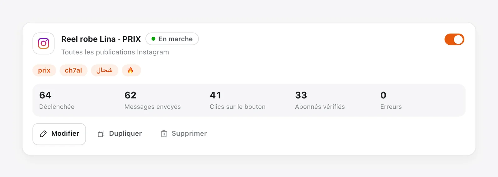 Automatisation « commenter pour recevoir en DM » dans Tech CRM : mots-clés prix, ch7al, شحال et 🔥, et ses statistiques (déclenchée, messages envoyés, clics sur le bouton, abonnés vérifiés)