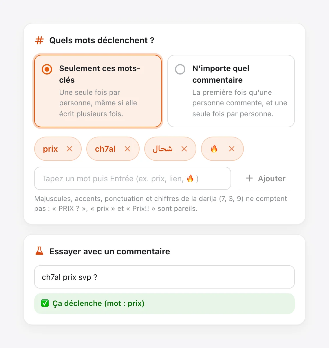 Mots-clés pour commenter et recevoir en DM dans Tech CRM : prix, ch7al, شحال et 🔥, puis le testeur « Essayer avec un commentaire » : « ch7al prix svp ? » déclenche
