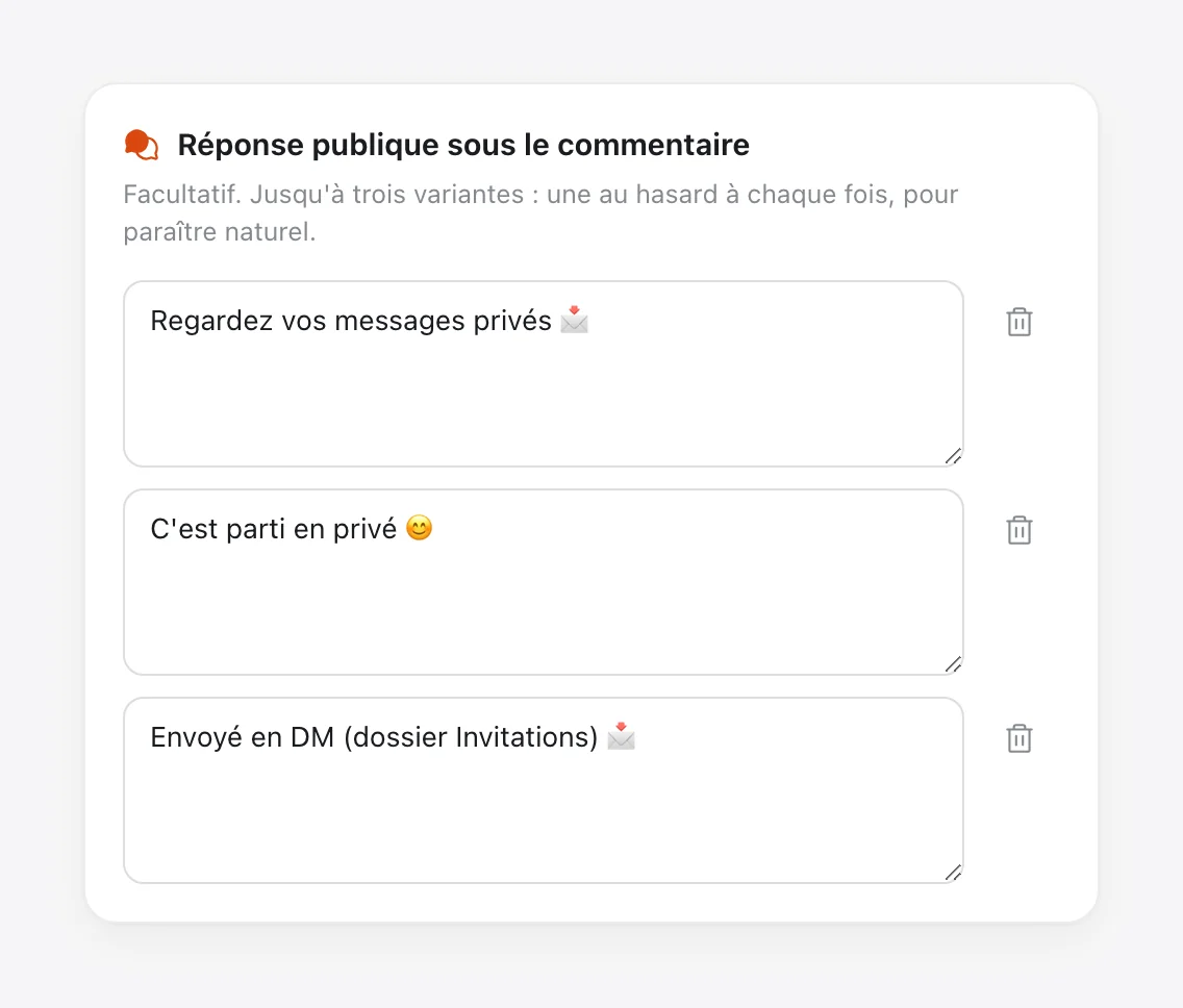 Réponse publique sous le commentaire dans Tech CRM : trois variantes (« Regardez vos messages privés », « C'est parti en privé », « Envoyé en DM, dossier Invitations »)