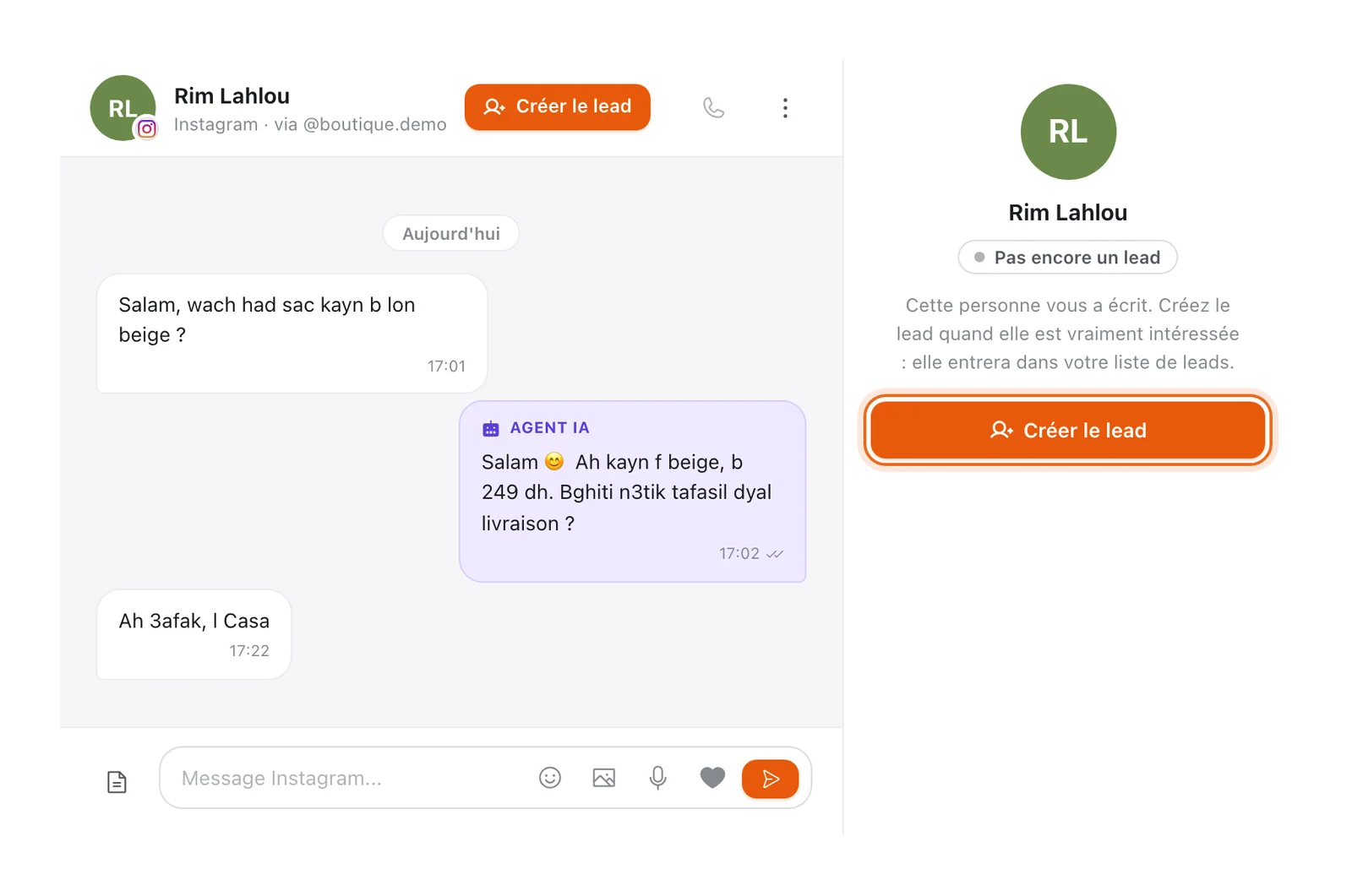 Boîte de réception de Tech CRM, CRM pour PME au Maroc : une cliente qui a écrit sur Instagram est « Pas encore un lead », avec le bouton « Créer le lead »