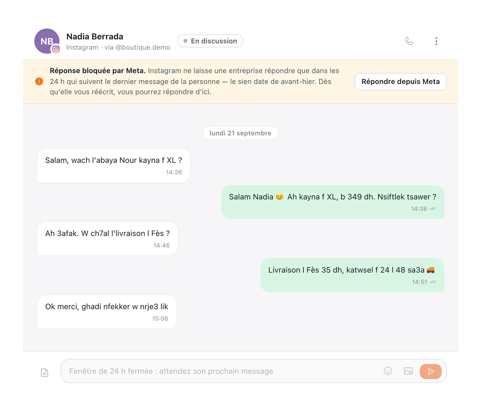 Fenêtre 24h Messenger et Instagram fermée dans la boîte de réception de Tech CRM : bandeau « Réponse bloquée par Meta », bouton « Répondre depuis Meta » et champ de réponse bloqué