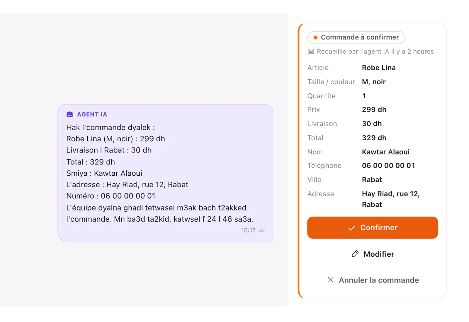 Vendre sur Instagram au Maroc avec Tech CRM : le récapitulatif de commande en darija envoyé à la cliente, à côté de la carte « Commande à confirmer » de l'équipe, avec les mêmes valeurs