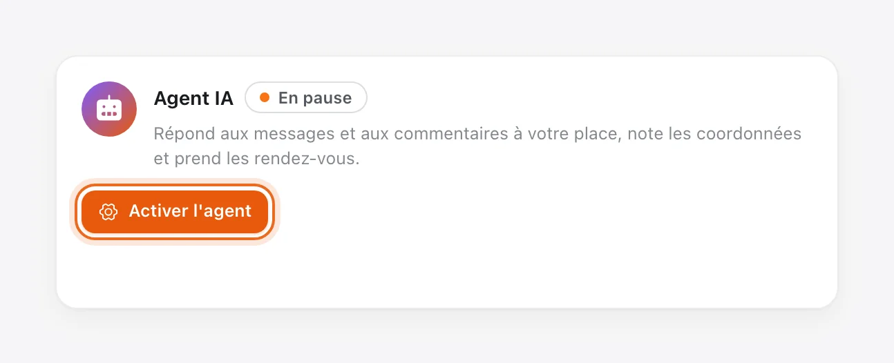 Carte « Agent IA » en pause dans Apps, bouton « Activer l'agent » entouré pour activer l'agent IA de Tech CRM