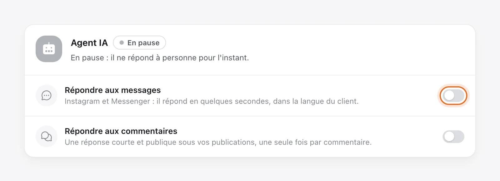 Interrupteurs « Répondre aux messages » (entouré) et « Répondre aux commentaires » de l'agent IA, encore en pause