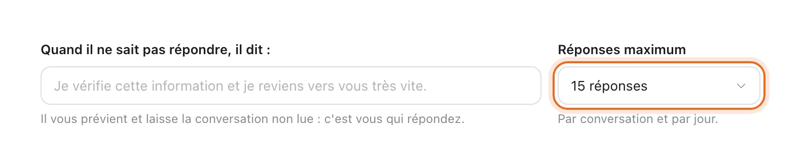 Champ « Quand il ne sait pas répondre, il dit » et menu « Réponses maximum » réglé sur 15 réponses (entouré)
