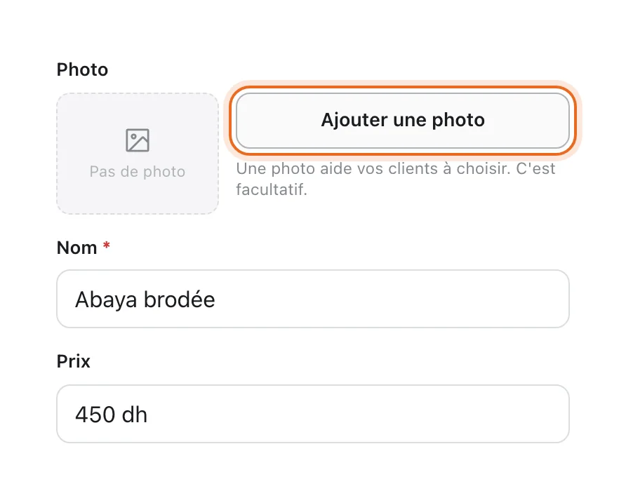 Fiche d'un article du catalogue ouverte depuis Sarah : Photo « Pas de photo », bouton « Ajouter une photo » entouré, nom Abaya brodée et prix 450 dh