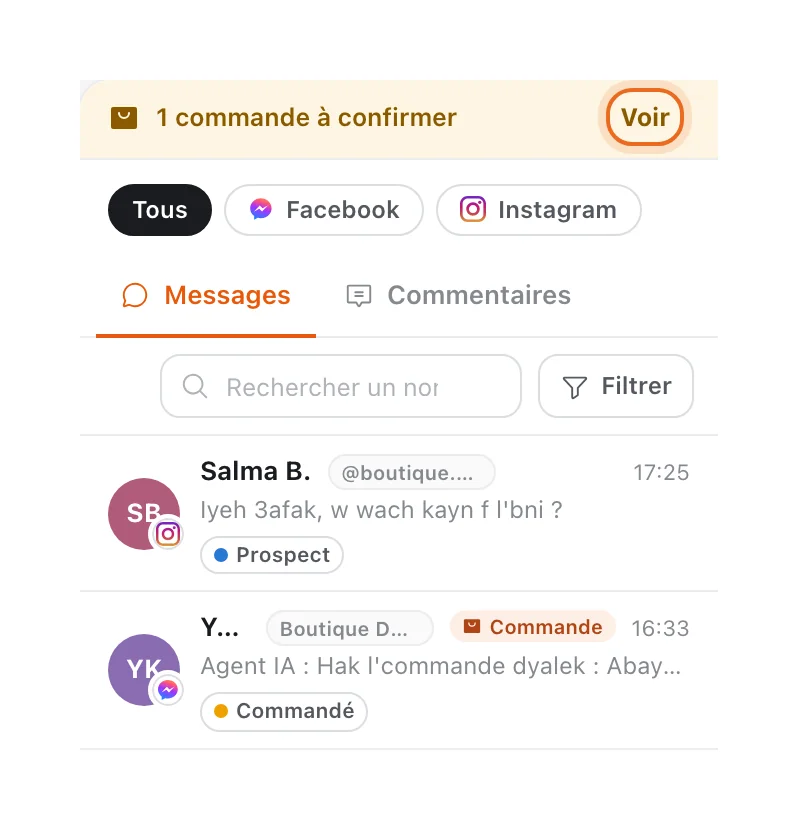 Bandeau « 1 commande à confirmer » en haut de la boîte de réception, bouton Voir entouré, au-dessus des conversations