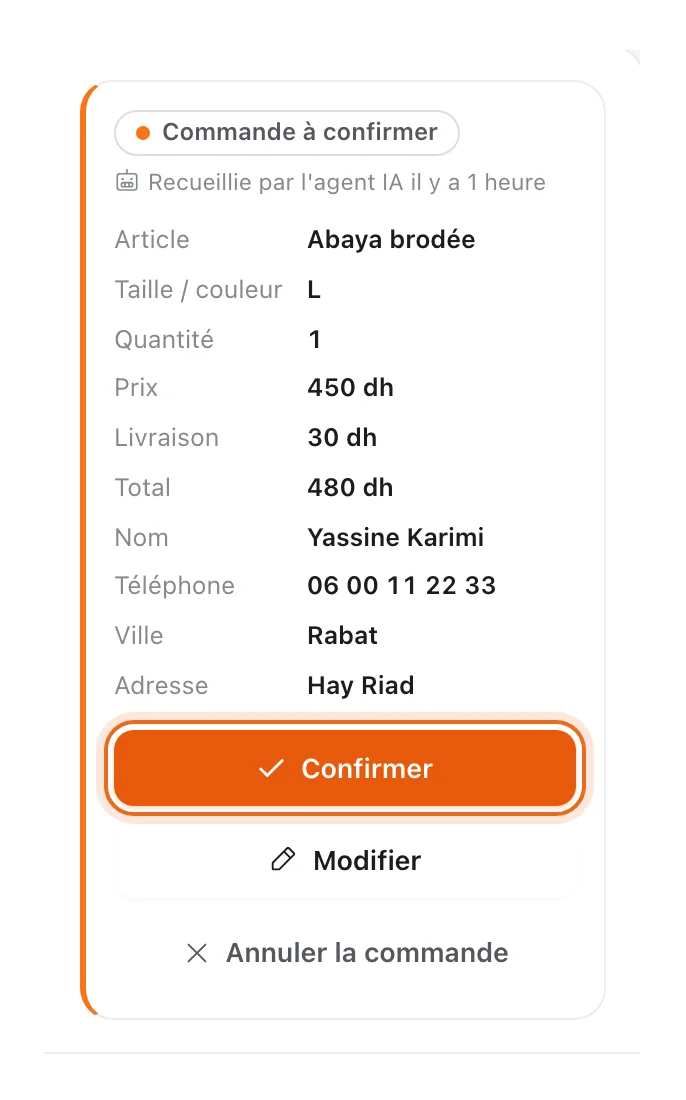 Carte « Commande à confirmer » recueillie par l'agent IA : Abaya brodée, taille L, quantité 1, prix 450 dh, livraison 30 dh, total 480 dh, nom, téléphone, ville et adresse ; bouton Confirmer entouré