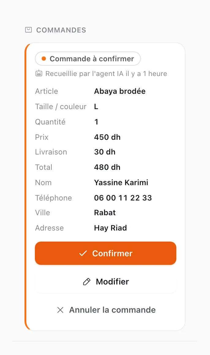 Rubrique « Commandes » de la fiche du lead, avec la même commande à confirmer et ses boutons Confirmer, Modifier et Annuler la commande