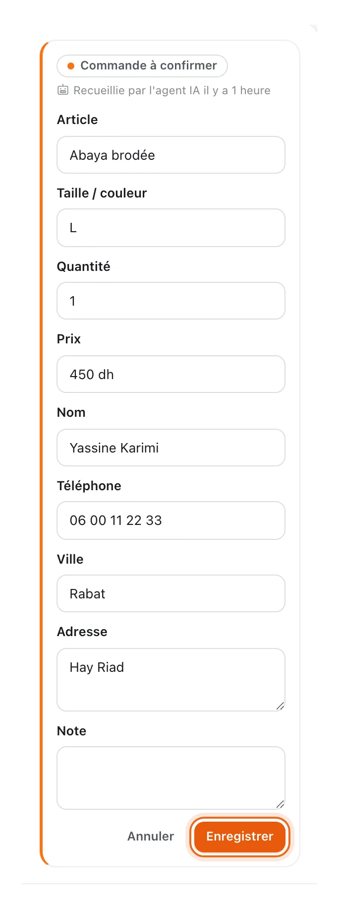 Commande à confirmer en modification : champs Article, Taille / couleur, Quantité, Prix, Nom, Téléphone, Ville, Adresse et Note, bouton Enregistrer entouré