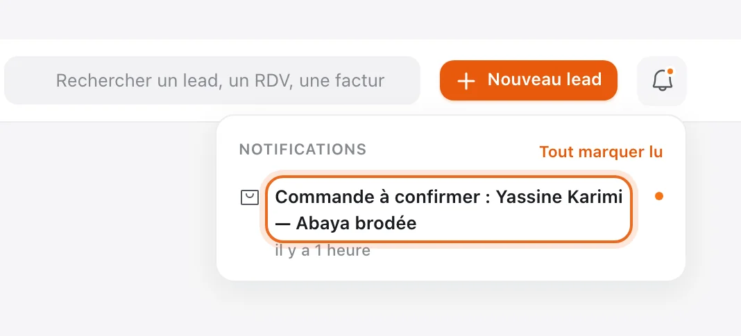 Notifications de Tech CRM : « Commande à confirmer : Yassine Karimi — Abaya brodée » entourée