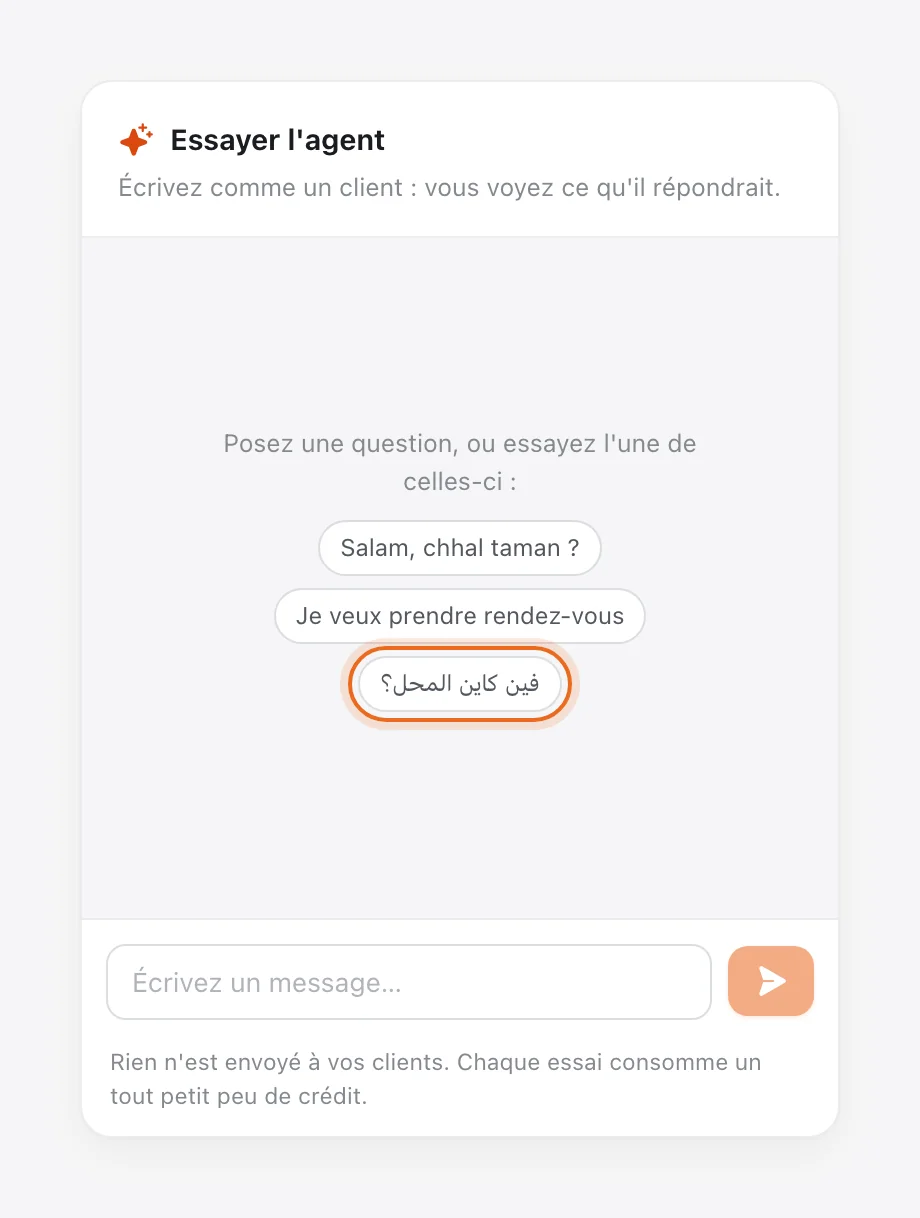 Panneau « Essayer l'agent » avec l'exemple en darija « فين كاين المحل؟ » entouré