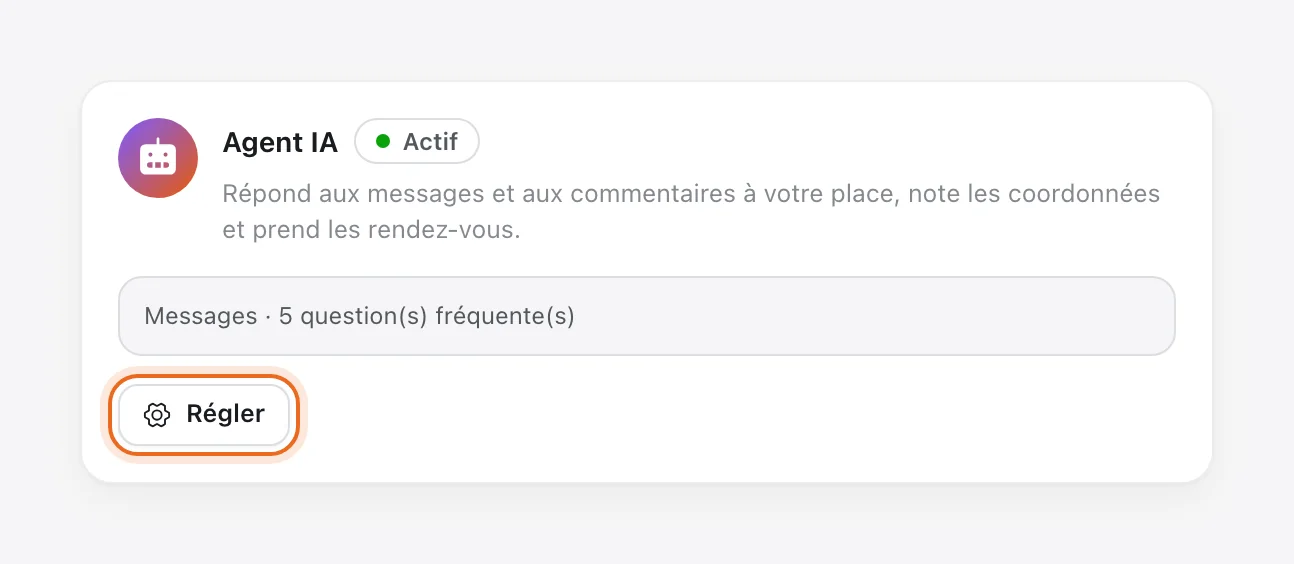 Carte « Agent IA » active dans Apps, bouton « Régler » entouré