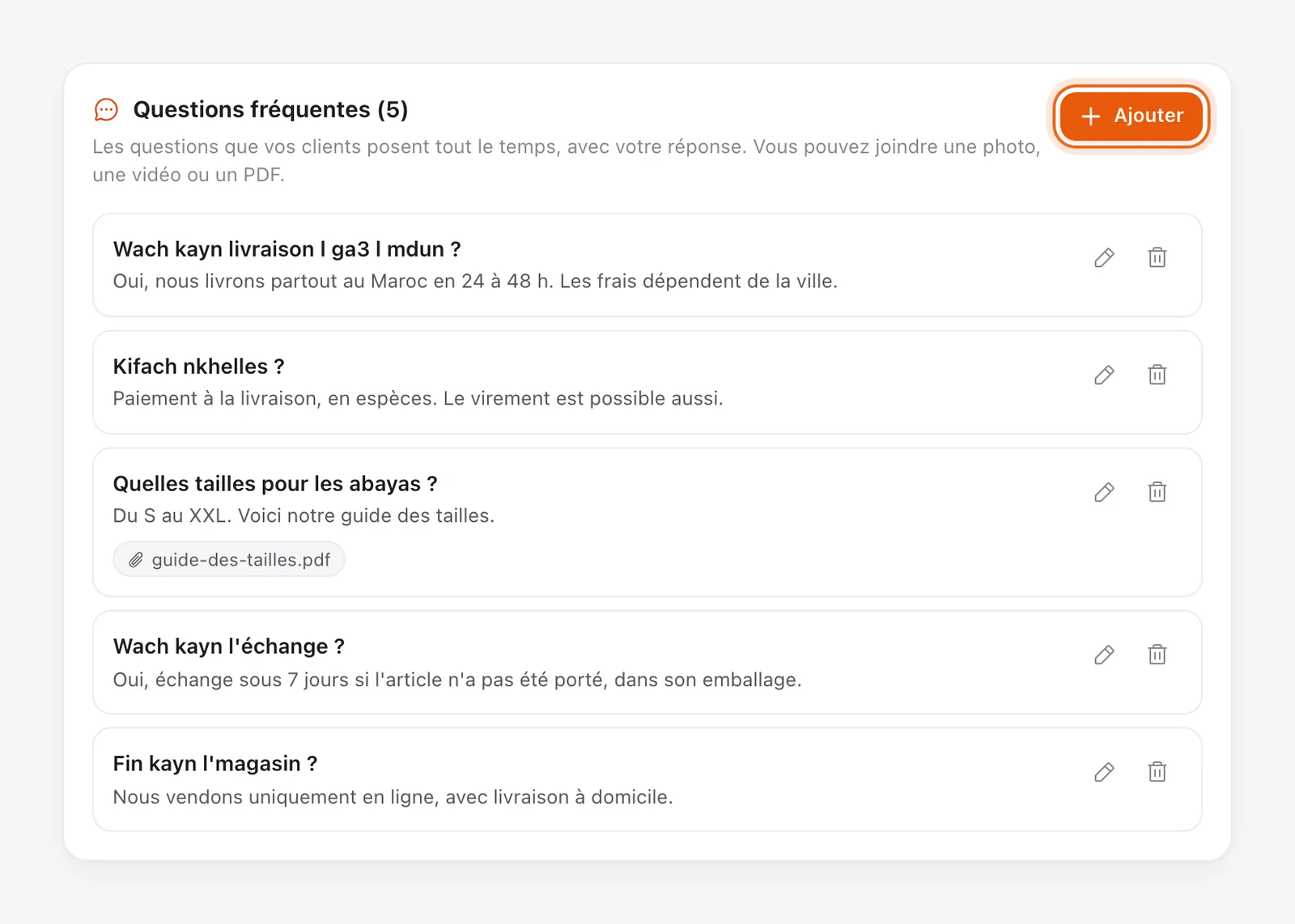 Questions fréquentes de l'agent IA de Tech CRM pour répondre automatiquement aux messages Instagram : livraison, paiement, tailles avec un guide en PDF, échange