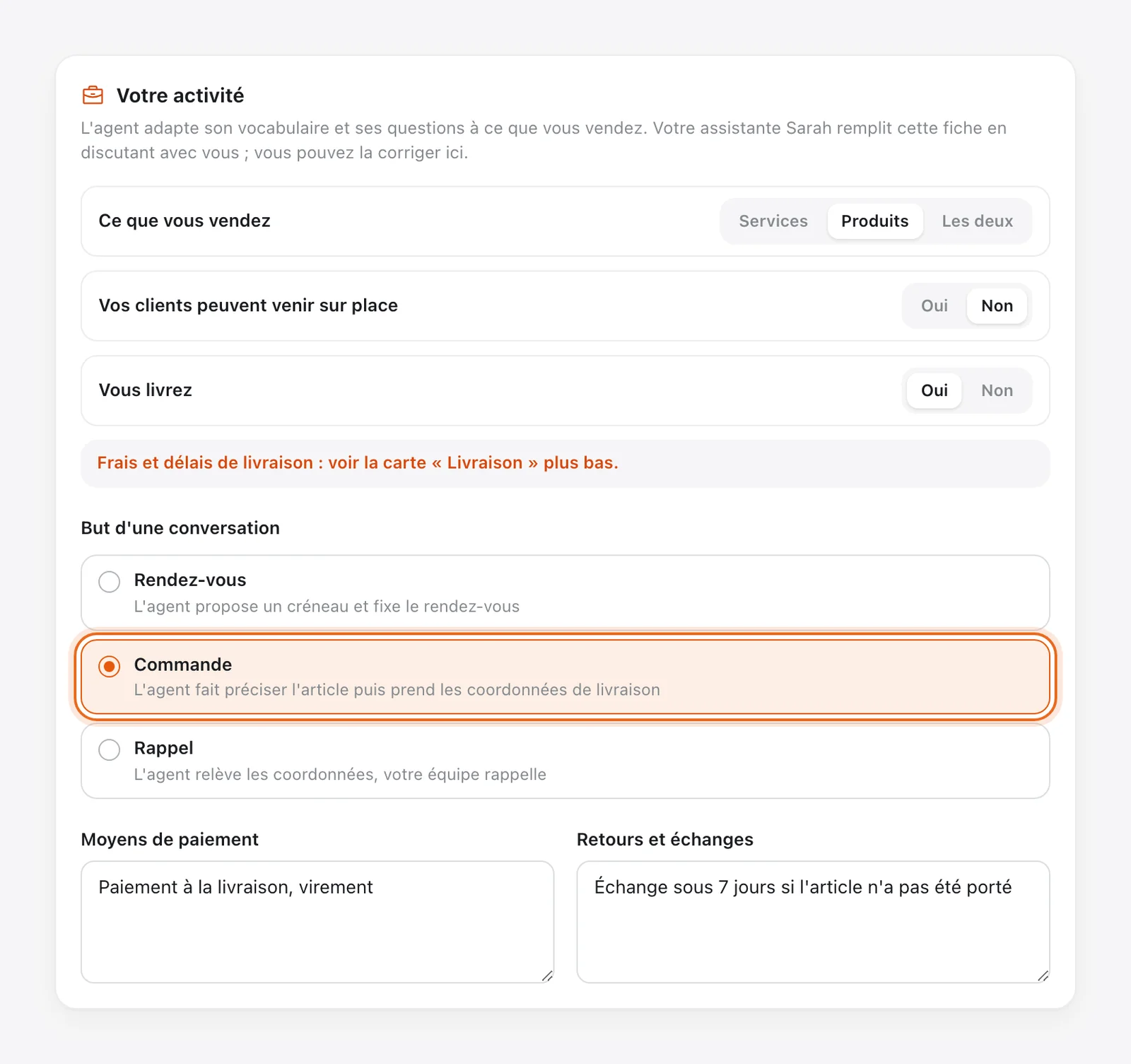 Carte « Votre activité » : Produits, pas de visite sur place, livraison Oui, but d'une conversation « Commande » (entouré), paiement à la livraison et échange sous 7 jours