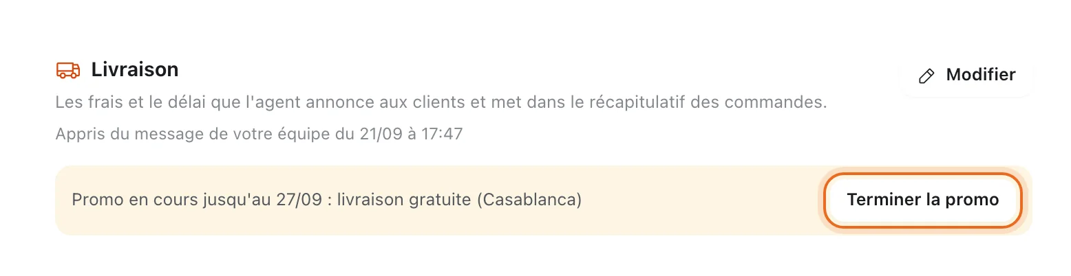 Bandeau « Promo en cours : livraison gratuite (Casablanca) » dans la carte Livraison, avec le bouton « Terminer la promo » entouré