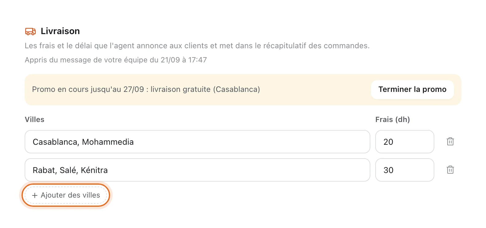 Règle de livraison en modification : groupes de villes et leurs frais en dh, bouton « Ajouter des villes » entouré