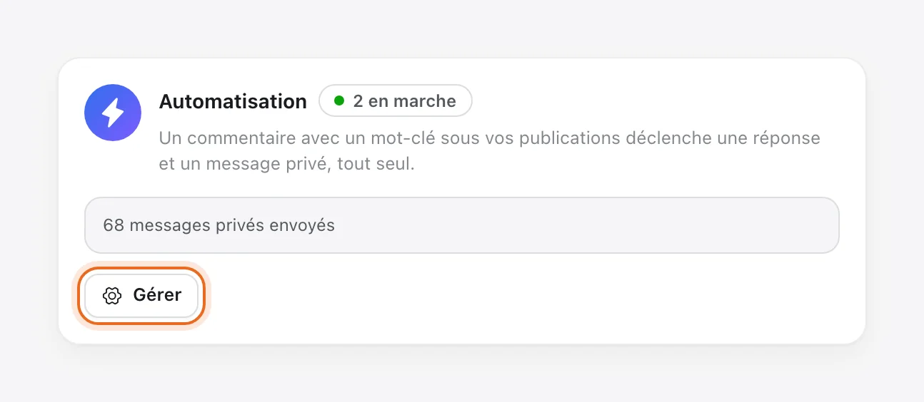 Carte « Automatisation » dans Apps : 2 en marche, 68 messages privés envoyés, bouton Gérer entouré