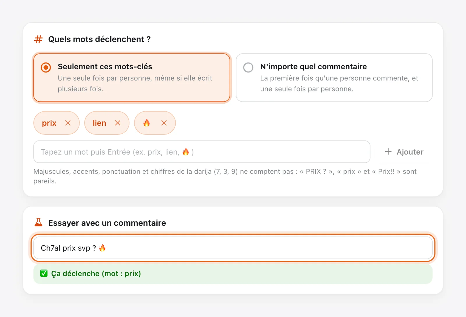Étape Déclencheur : mots-clés prix, lien et 🔥, puis « Essayer avec un commentaire » : « Ch7al prix svp ? 🔥 » donne « Ça déclenche (mot : prix) »