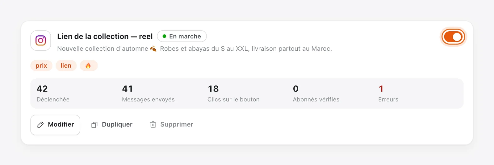 Automatisation « Lien de la collection — reel » En marche : 42 déclenchées, 41 messages envoyés, 18 clics sur le bouton, 1 erreur ; interrupteur entouré