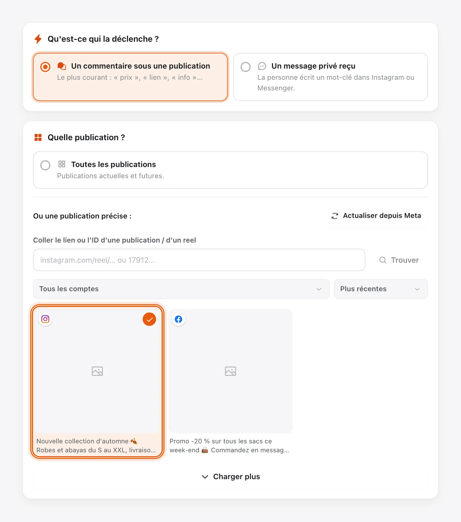 Étape Où : déclenchement par « Un commentaire sous une publication » et publication Instagram précise sélectionnée (entourée), avec Actualiser depuis Meta et le champ du lien du reel