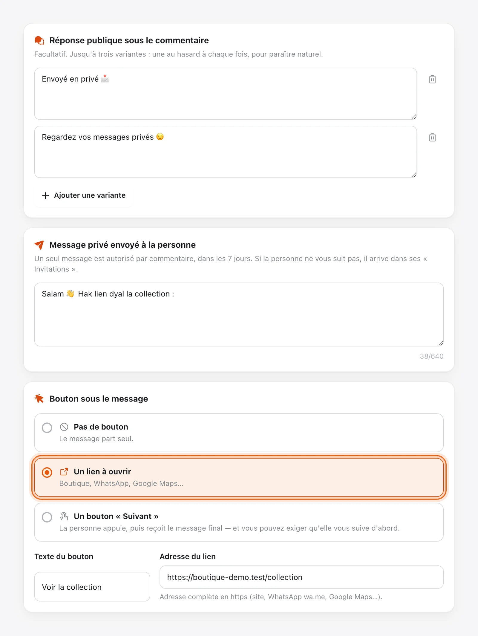 Étape Réponse : réponses publiques, message privé « Salam 👋 Hak lien dyal la collection », bouton « Un lien à ouvrir » (entouré) avec son texte et son adresse https