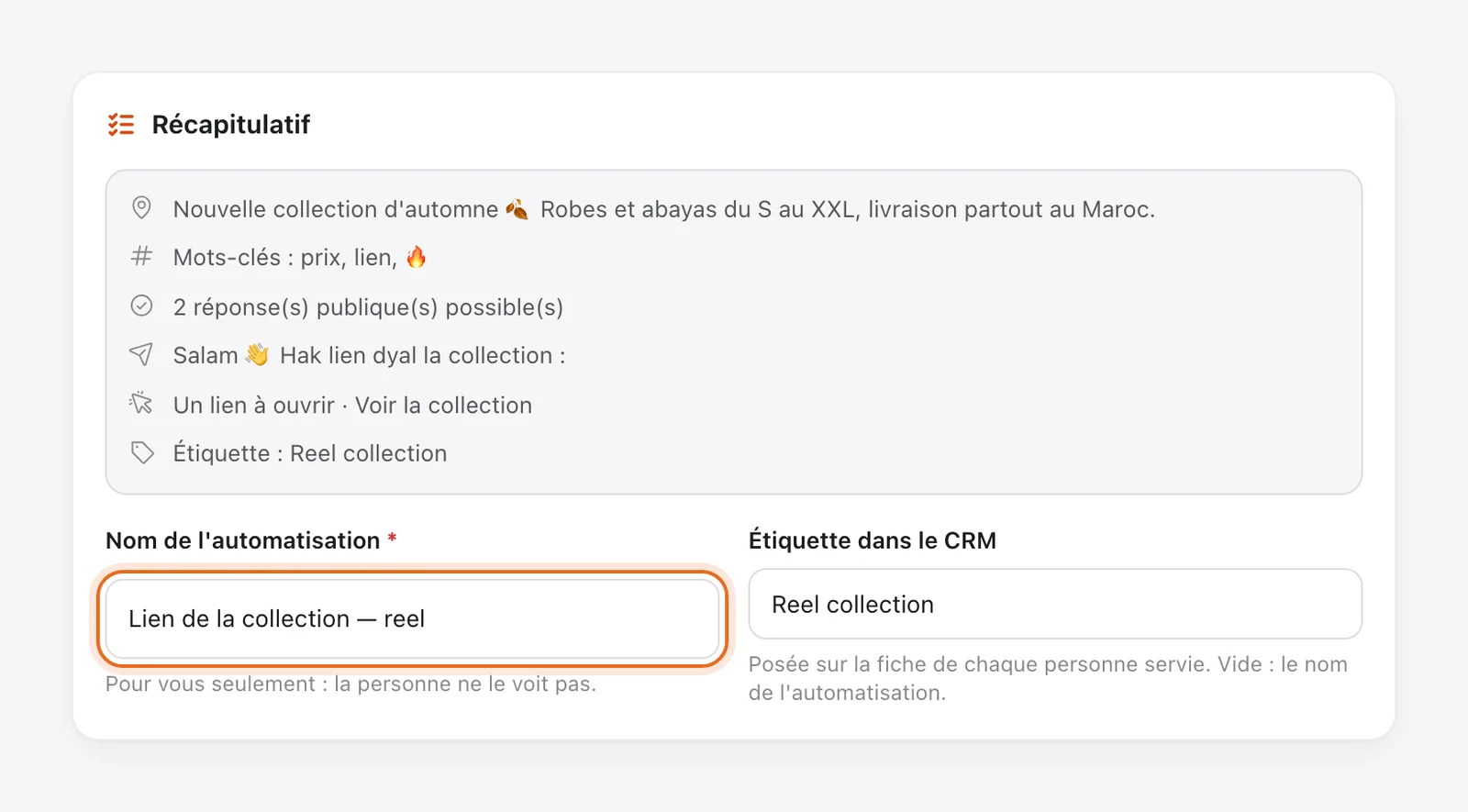 Étape Suite : récapitulatif de l'automatisation commentaire → DM, nom « Lien de la collection — reel » (entouré) et étiquette dans le CRM