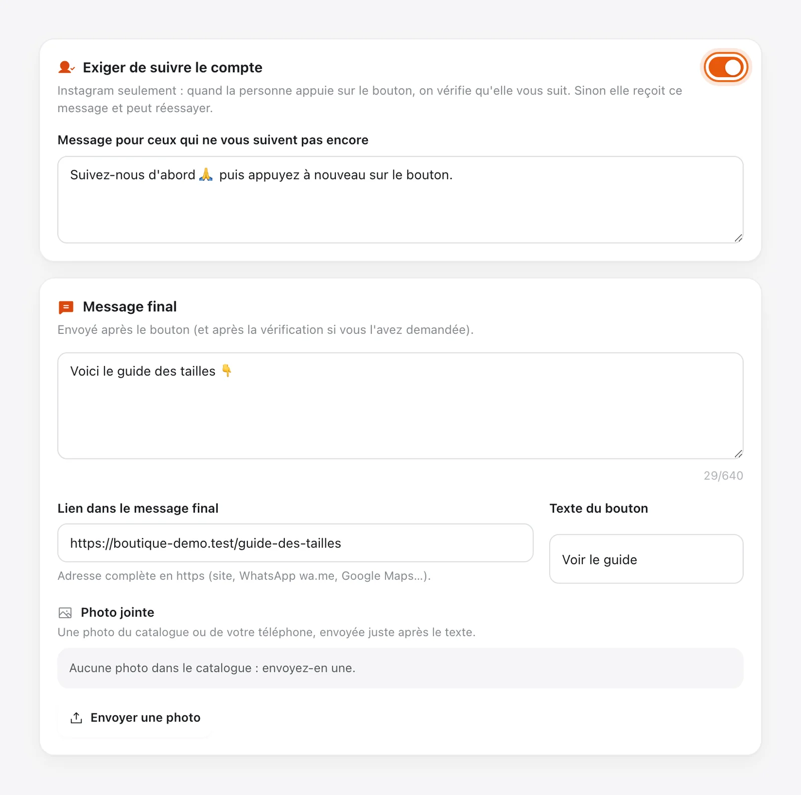 Follow gate Instagram : interrupteur « Exiger de suivre le compte » entouré, message pour ceux qui ne vous suivent pas encore, puis message final avec son lien et le texte du bouton