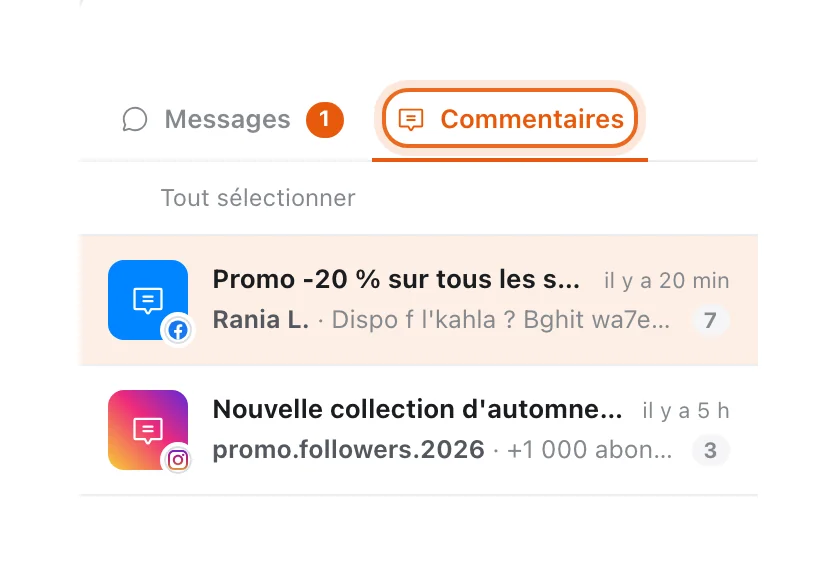 Onglet Commentaires entouré : publications Facebook et Instagram commentées, avec le dernier commentaire et le nombre de commentaires