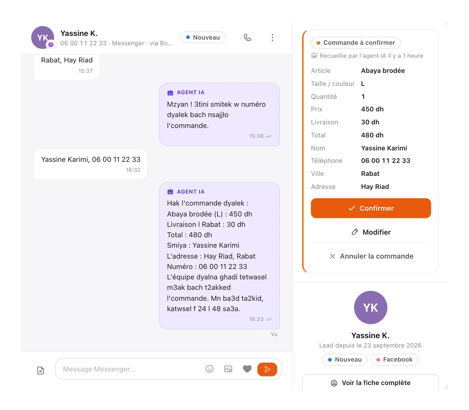 Conversation Messenger ouverte au centre, avec les réponses de l'agent IA, et à droite le contexte du lead : commande à confirmer puis fiche du lead