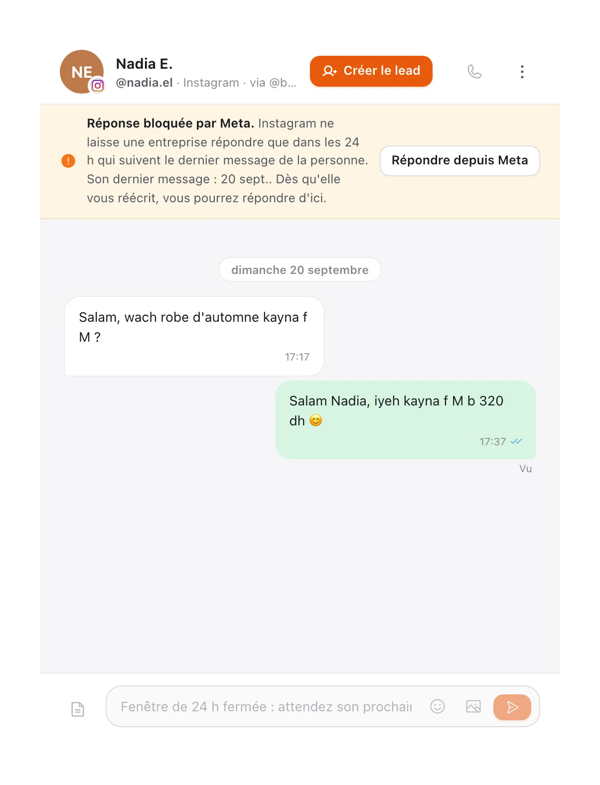 Conversation Instagram avec le bandeau « Réponse bloquée par Meta » et le champ « Fenêtre de 24 h fermée : attendez son prochain message »