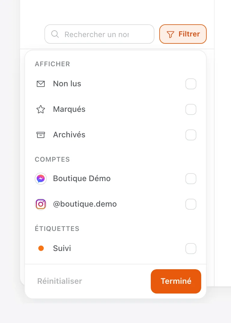 Panneau « Filtrer » de la boîte de réception : Afficher (Non lus, Marqués, Archivés), Comptes, Étiquettes, boutons Réinitialiser et Terminé