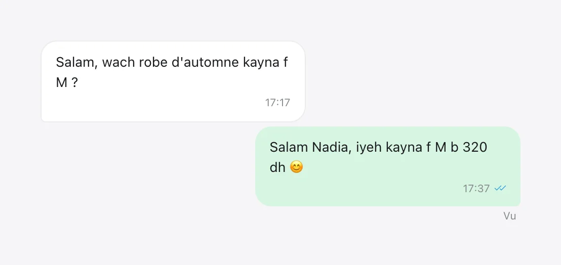 Message d'une cliente puis réponse de l'équipe en vert, avec la mention « Vu » en dessous