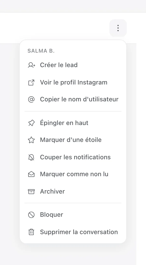 Menu « Plus d'actions » d'une conversation : Créer le lead, Voir le profil Instagram, Épingler en haut, Marquer d'une étoile, Couper les notifications, Marquer comme non lu, Archiver, Bloquer, Supprimer la conversation