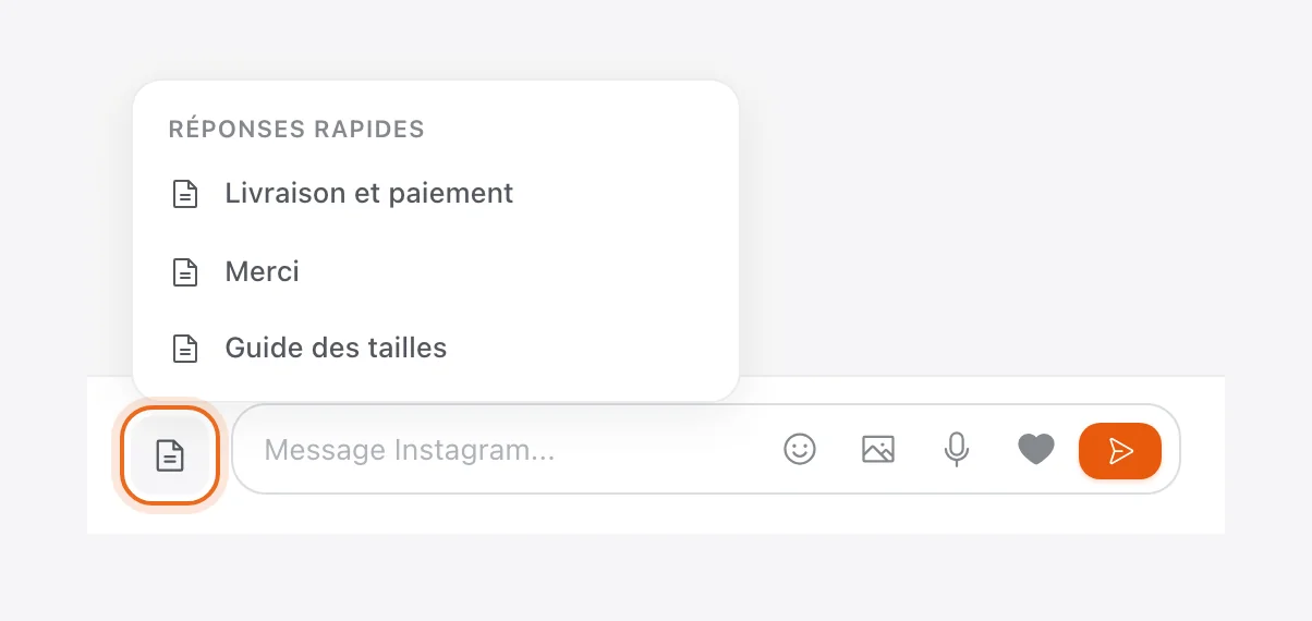 Menu « Réponses rapides » ouvert au-dessus du champ de réponse : Livraison et paiement, Merci, Guide des tailles ; bouton de réponse rapide entouré