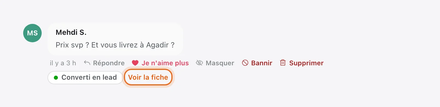 Commentaire converti en lead : mention « Converti en lead » et lien « Voir la fiche » entouré