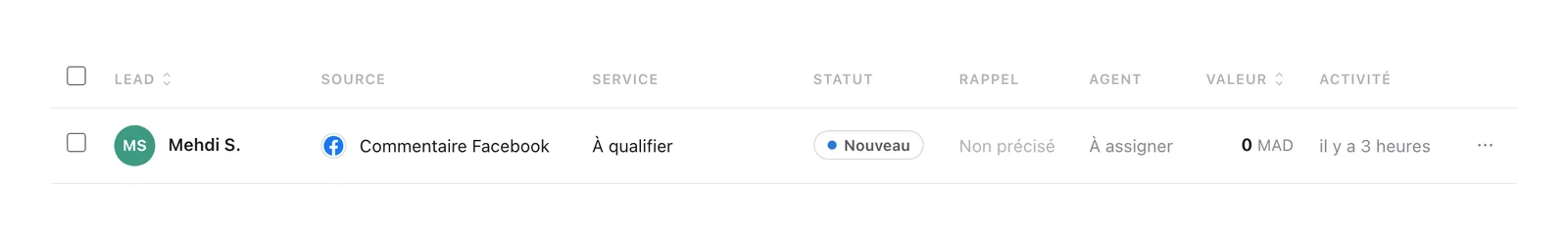 Liste des leads : Mehdi S., source « Commentaire Facebook », service « À qualifier », statut « Nouveau »