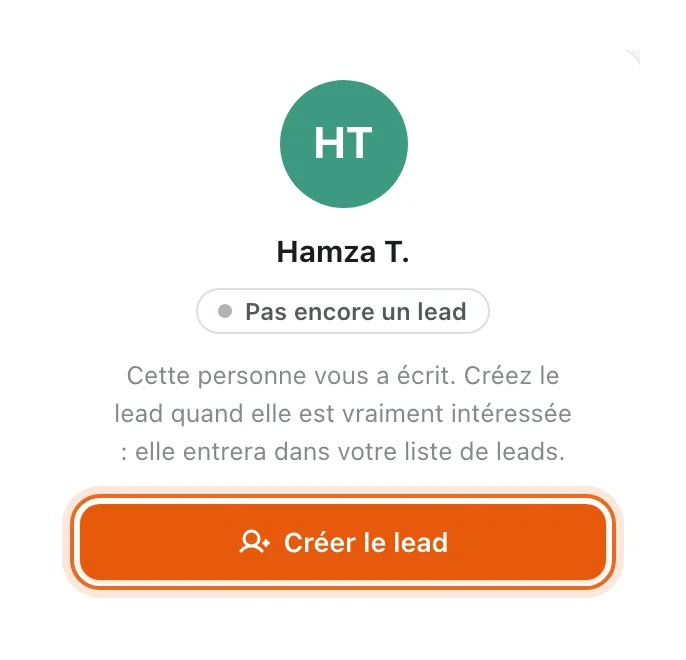 Contexte d'une conversation Messenger : « Pas encore un lead » et bouton « Créer le lead » entouré