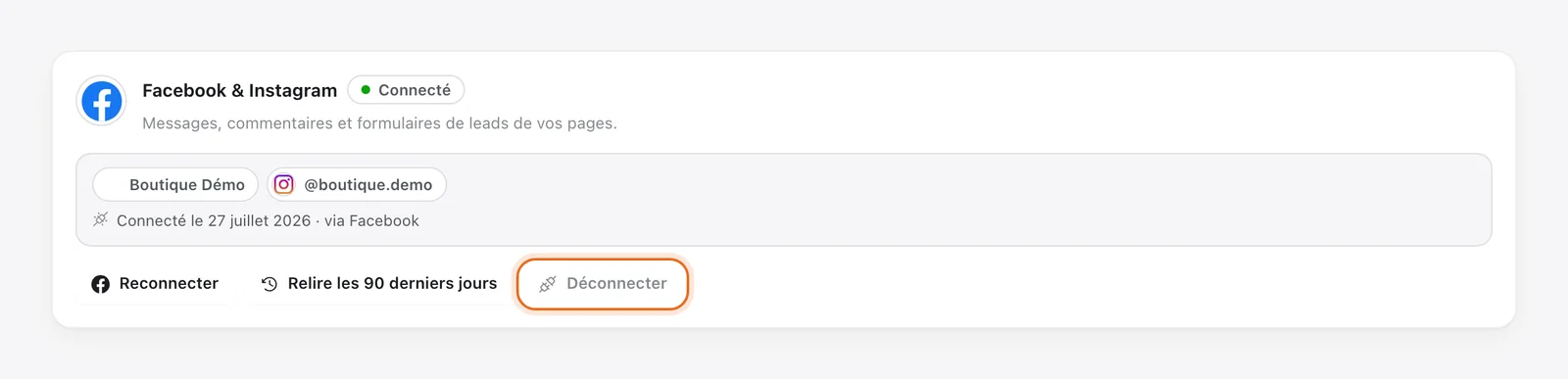 Carte « Facebook & Instagram » dans Apps, bouton « Déconnecter » entouré pour retirer les autorisations Meta données à Tech CRM