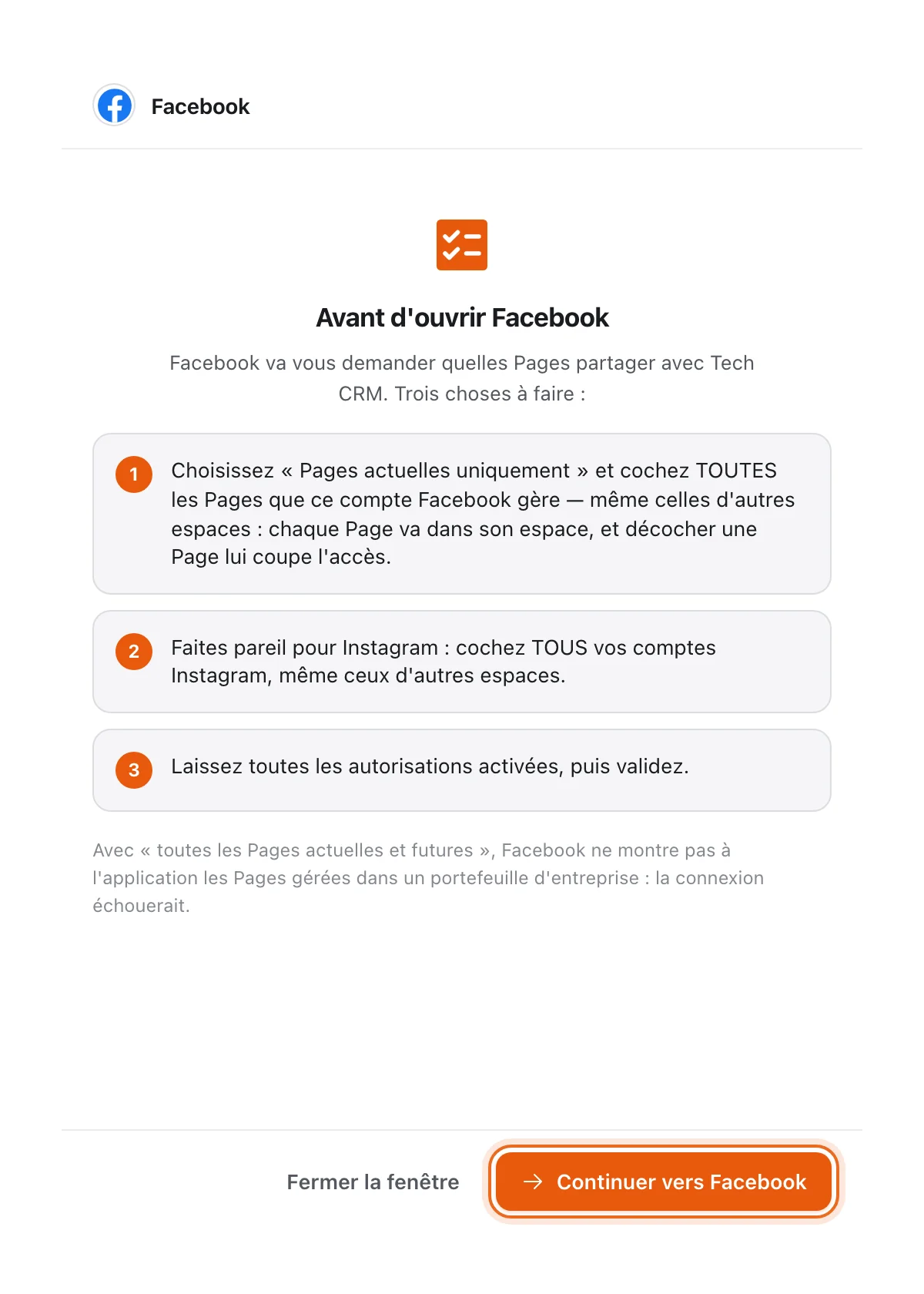 Fenêtre « Avant d'ouvrir Facebook » : trois consignes numérotées (Pages actuelles uniquement, tous les comptes Instagram, toutes les autorisations) et le bouton « Continuer vers Facebook » entouré