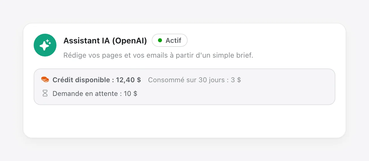 Carte « Assistant IA (OpenAI) » avec la ligne « Demande en attente : 10 $ » sous le crédit disponible