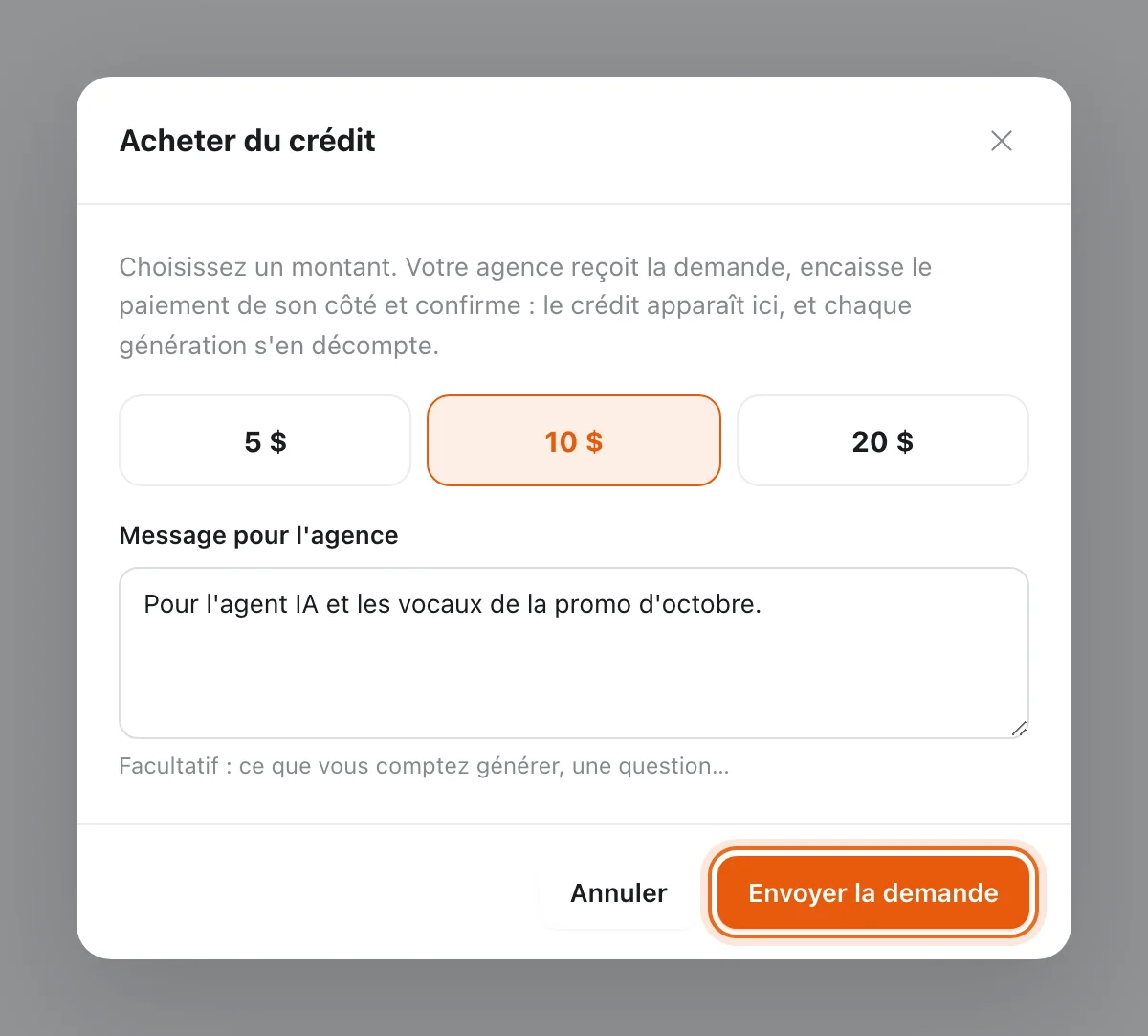 Fenêtre « Acheter du crédit » : montant 10 $ choisi entre 5, 10 et 20 $, message pour l'agence, bouton « Envoyer la demande » entouré