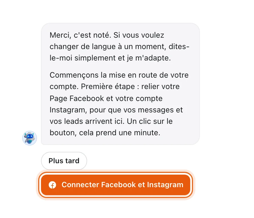 Sarah propose de relier la Page Facebook et le compte Instagram : boutons « Plus tard » et « Connecter Facebook et Instagram » (entouré)