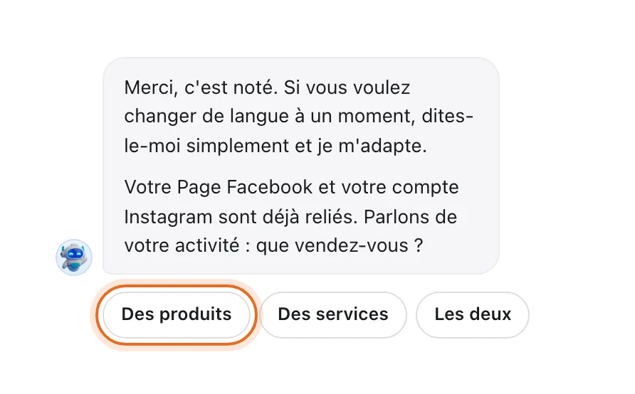 Sarah, l'assistante de Tech CRM, prépare les réponses automatiques aux messages Instagram : elle confirme que la Page et le compte Instagram sont reliés et demande « que vendez-vous ? »