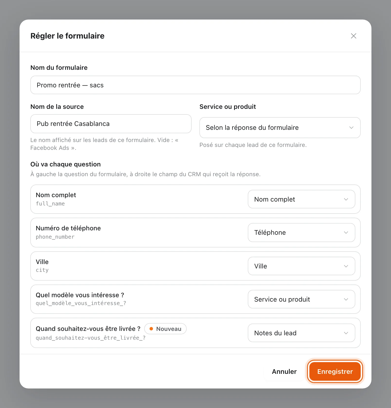 Fenêtre « Régler le formulaire » : nom de la source « Pub rentrée Casablanca », service selon la réponse, chaque question associée à un champ du CRM (Nom complet, Téléphone, Ville, Service ou produit, Notes du lead) ; bouton Enregistrer entouré
