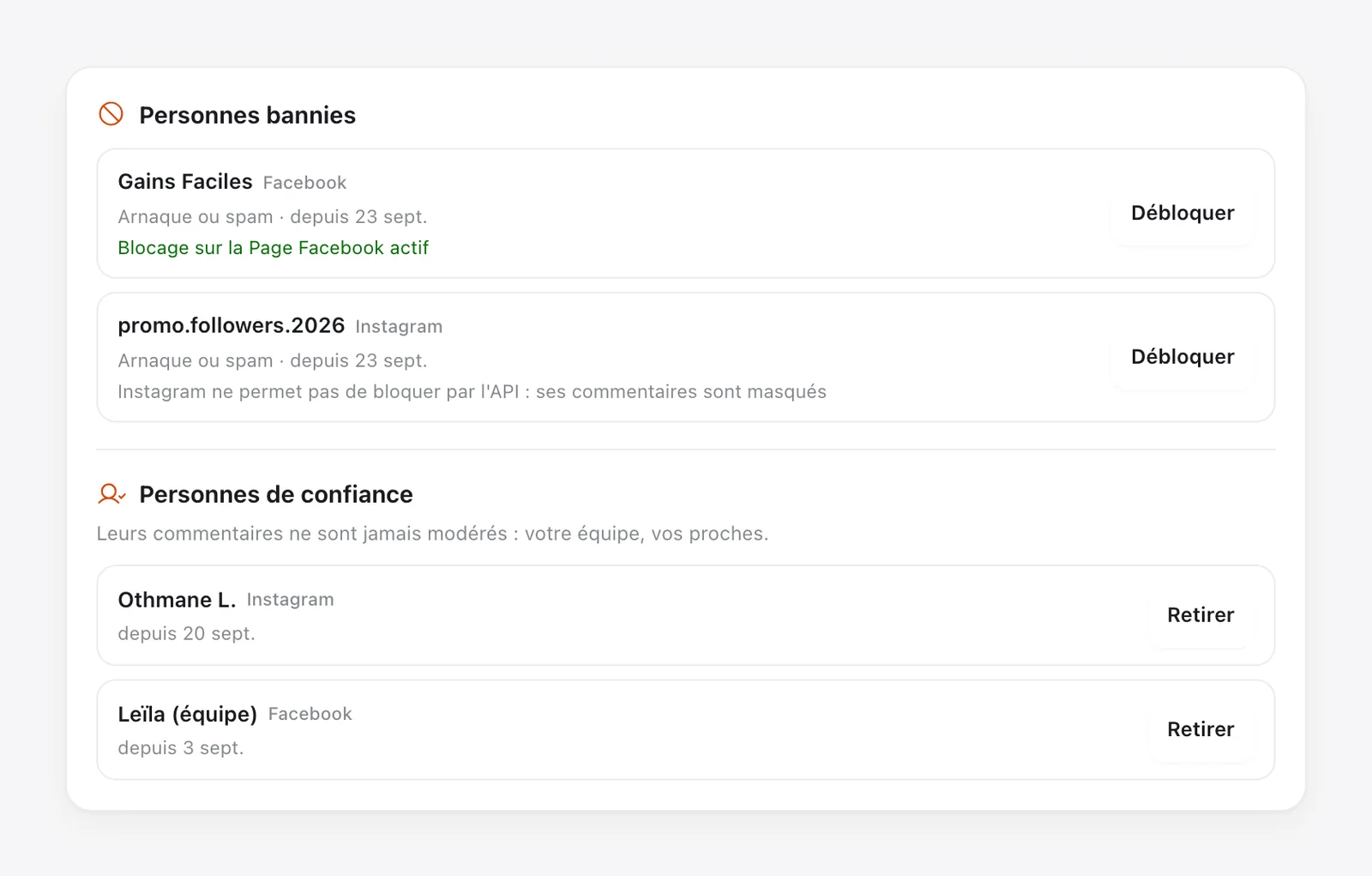 Listes « Personnes bannies » (deux comptes de spam : l'un sur Facebook avec le blocage sur la Page actif, l'autre sur Instagram) et « Personnes de confiance », avec les boutons Débloquer et Retirer